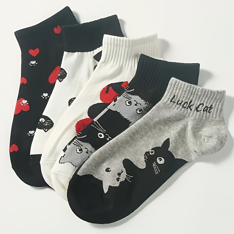 E-shop 5-Paar Damen-Socken-Set – Niedliche Katzen- Herz-Muster, atmungsaktiv & bequem Bootsocken, 2-farbige Kombination, perfektes Geschenk für sie ,
