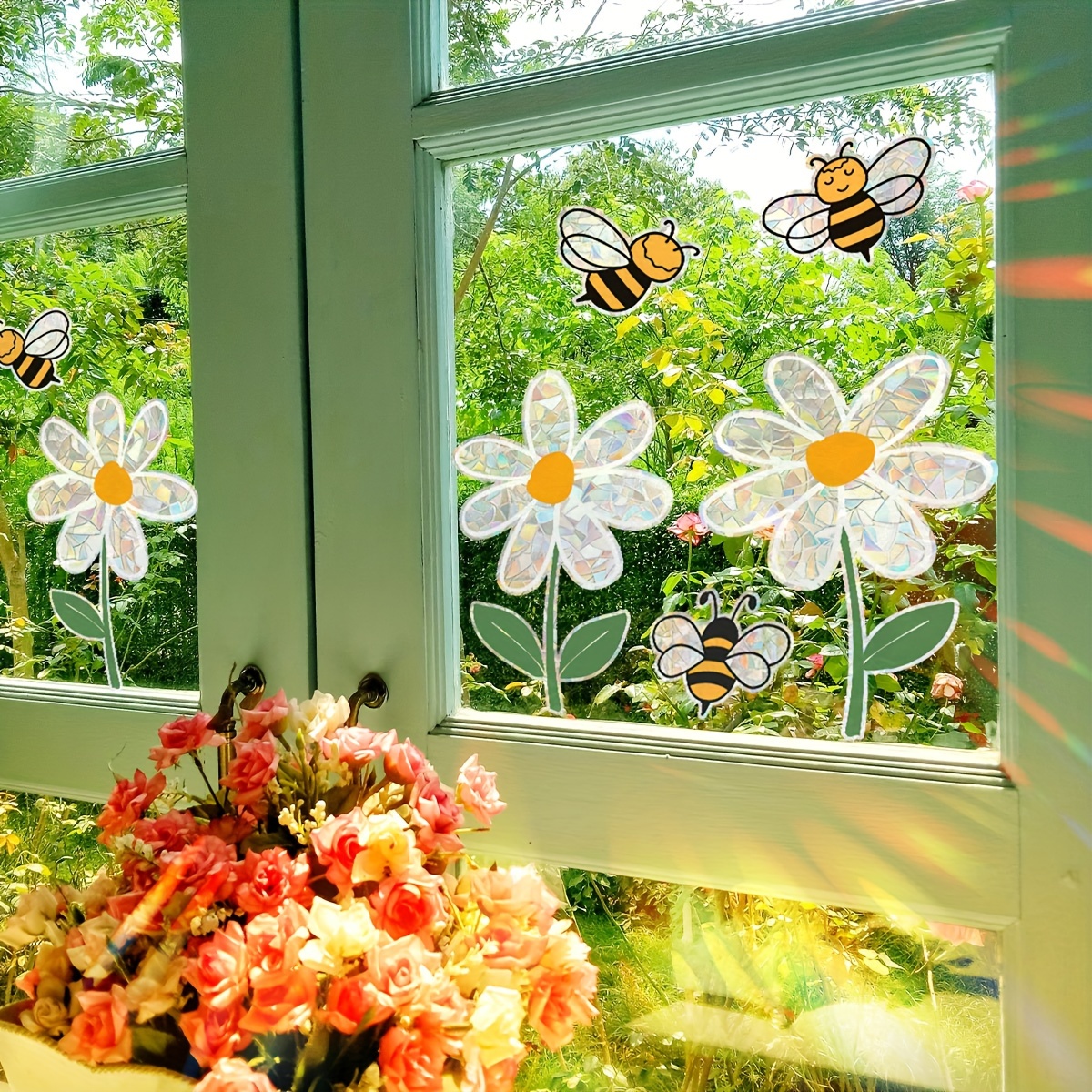 

1 Sheet (30 * 42cm) Small Flowers Bees Sunlight Window Home Decoration Glass Stickers Static Cling Double-sided Visual Pattern (xc9001-yj)