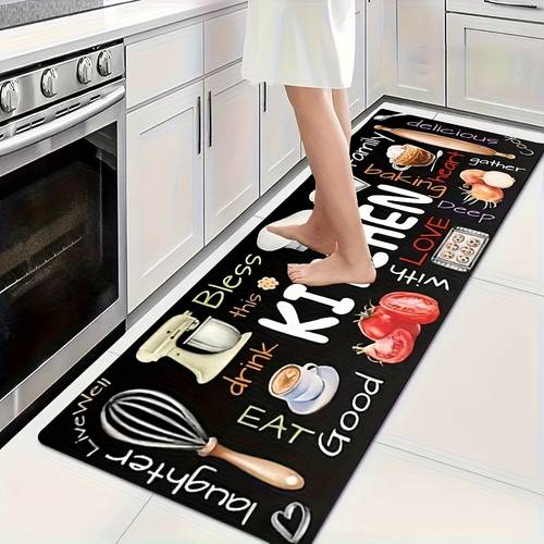 1pc thick 1 1cm kitchen floor mat with kitchen utensil pattern print thickened polyester fiber mat for room porch balcony and home decoration