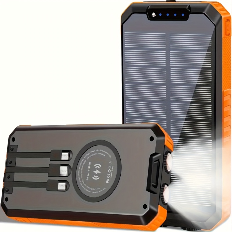 

30000mah 6 15w Fast Charging Outputs Solar Power Bank - Wireless Charger With 3 Built-in Cables, , Dual Flashlights, Carabiner For All Mobile Devices