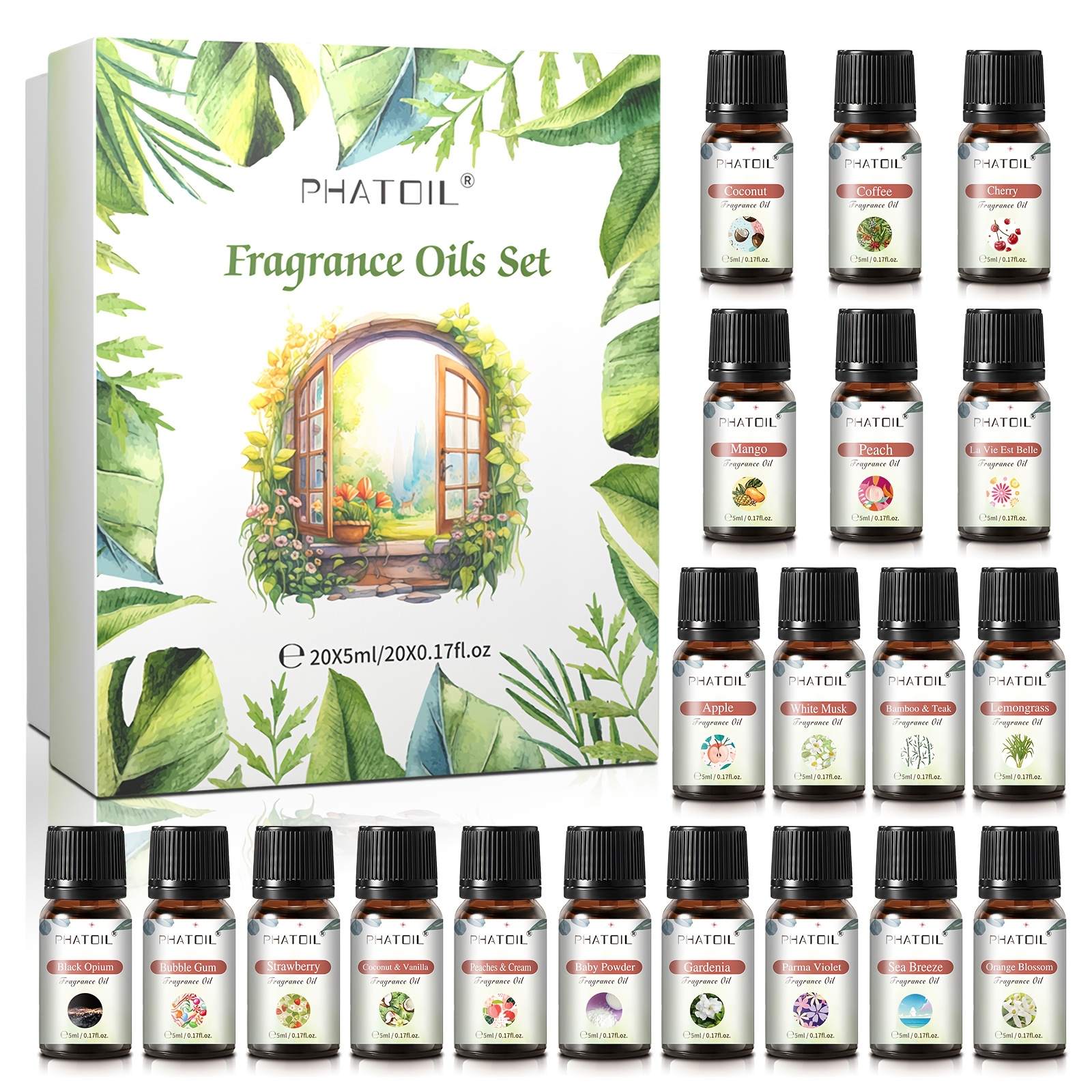 

Phatoil 20pcs Fragrance Oil Set, 5ml/0.17fl.oz. , Aromatherapy Glass Bottles, Long- Scent For Diffusers, Oil Burners, Humidifiers, Candle Making, -free, Under 1l