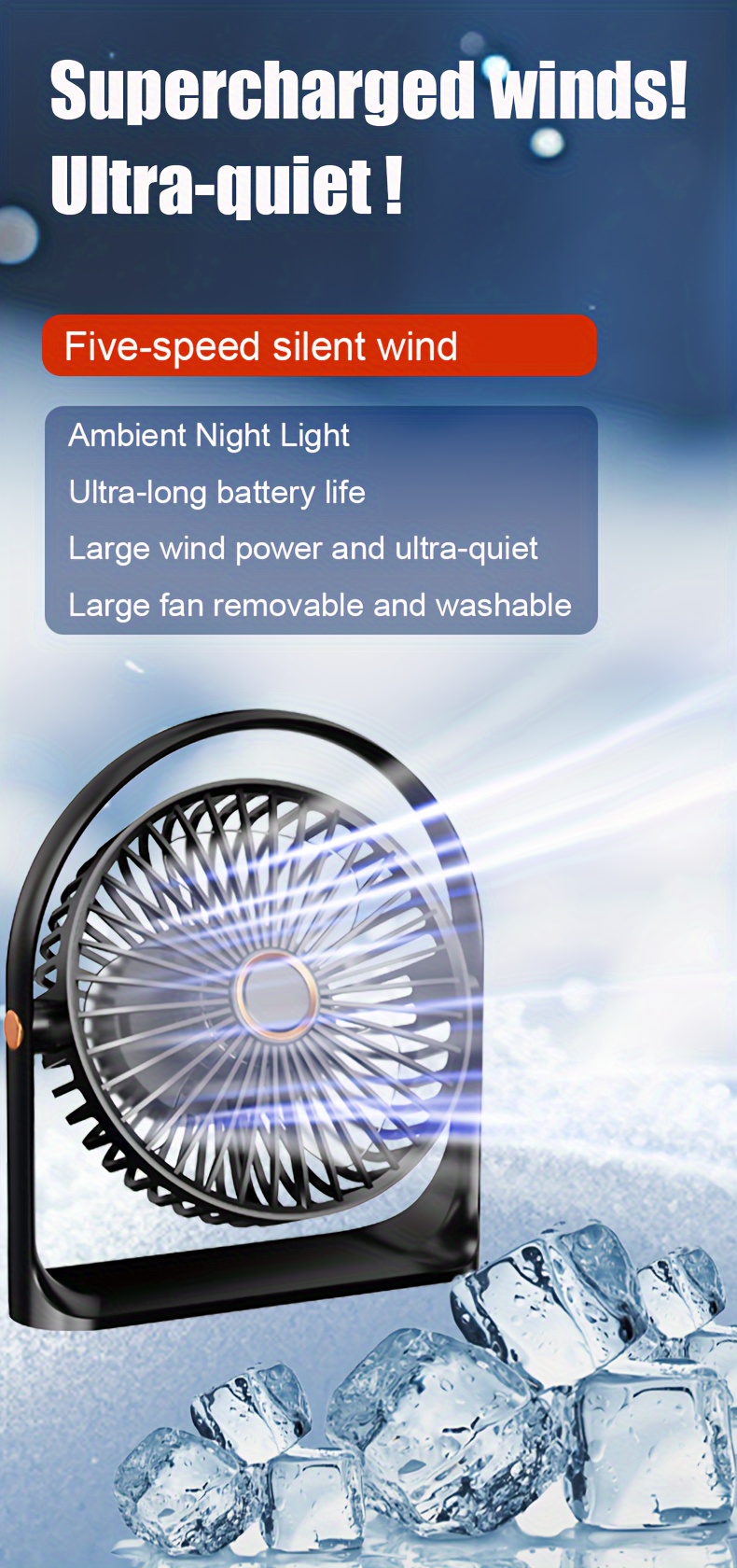 portable usb desk fan with led night light rechargeable long lasting battery 5     for home office bedroom kitchen outdoor camping fishing details 0