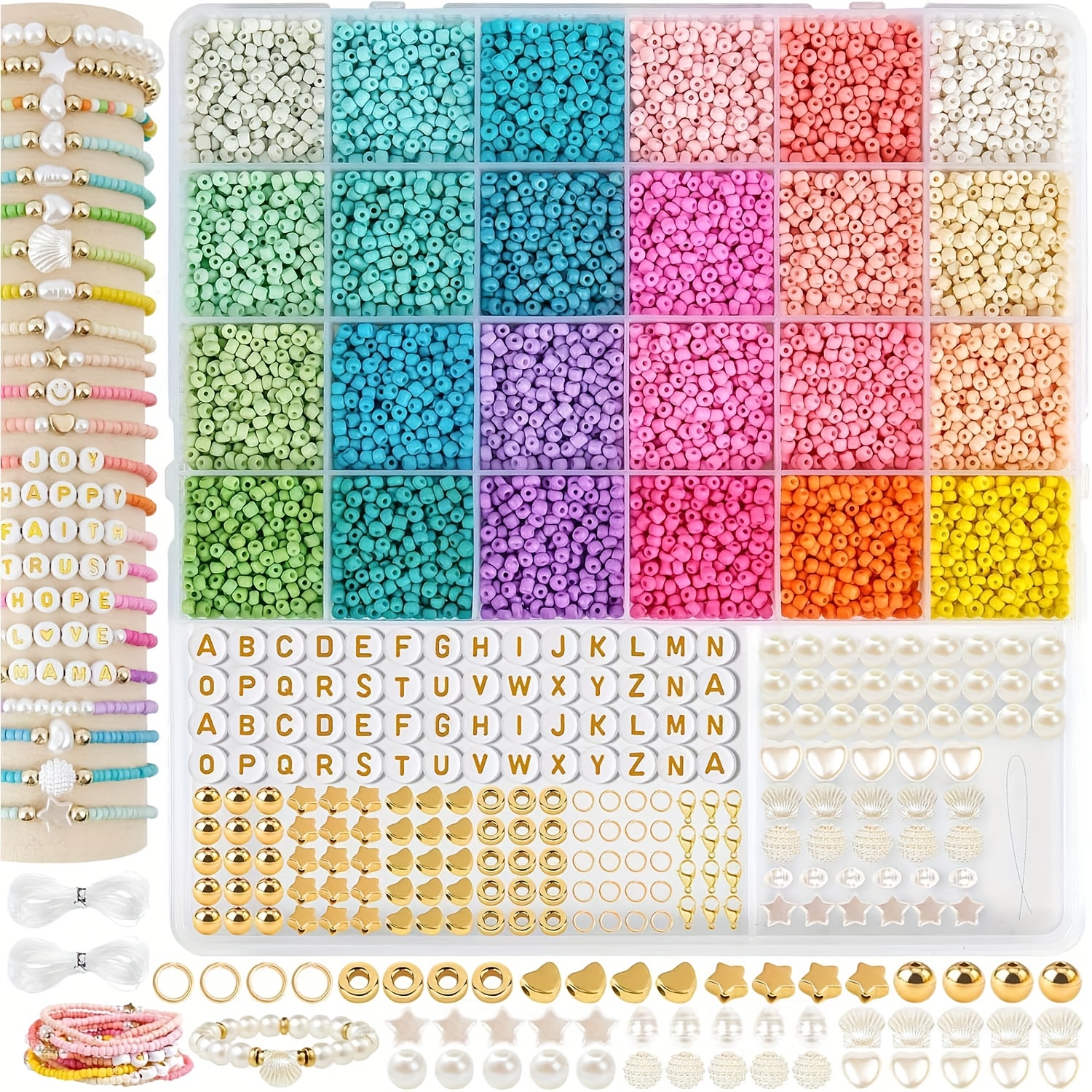 Temu 8080Pcs Beading Kits With Storage - 24 Colors 3Mm Glass Seed Beads & Alphabet Letter Charms, Diy Friendship Bracelet Making Supplies For Women-image