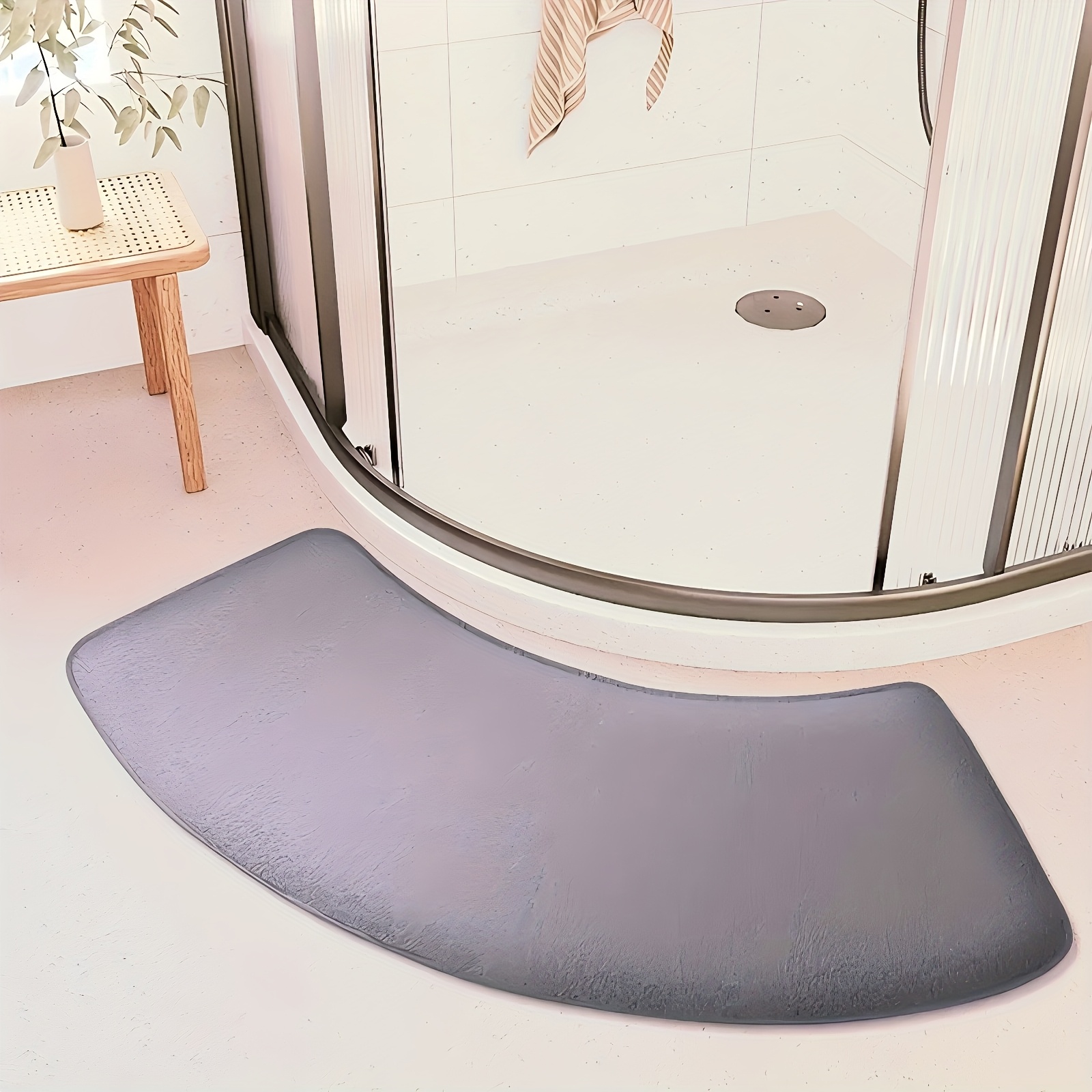 Image of Semi-circular Solid Color Shower Mat, Non-slip Bathroom Floor Rug, Flannel Absorbent Foot Pad, Machine Made Rug With Pvc Backing, Lightweight Low Pile Weave, With Hand Wash Only