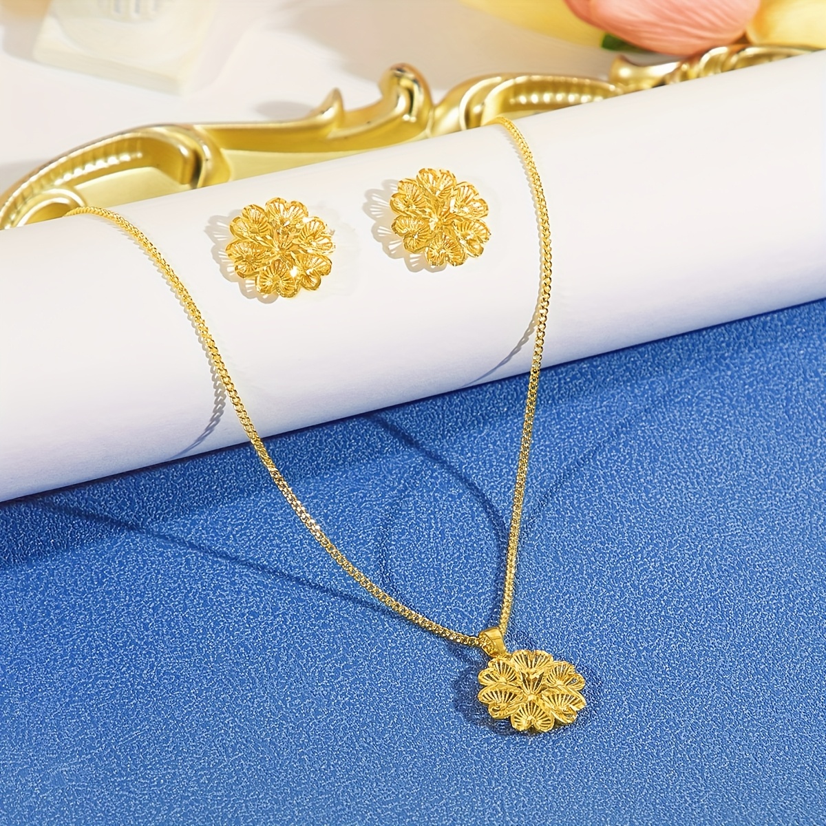 3D Flower Earrings & Pendant Set, Golden for Parties & Balls