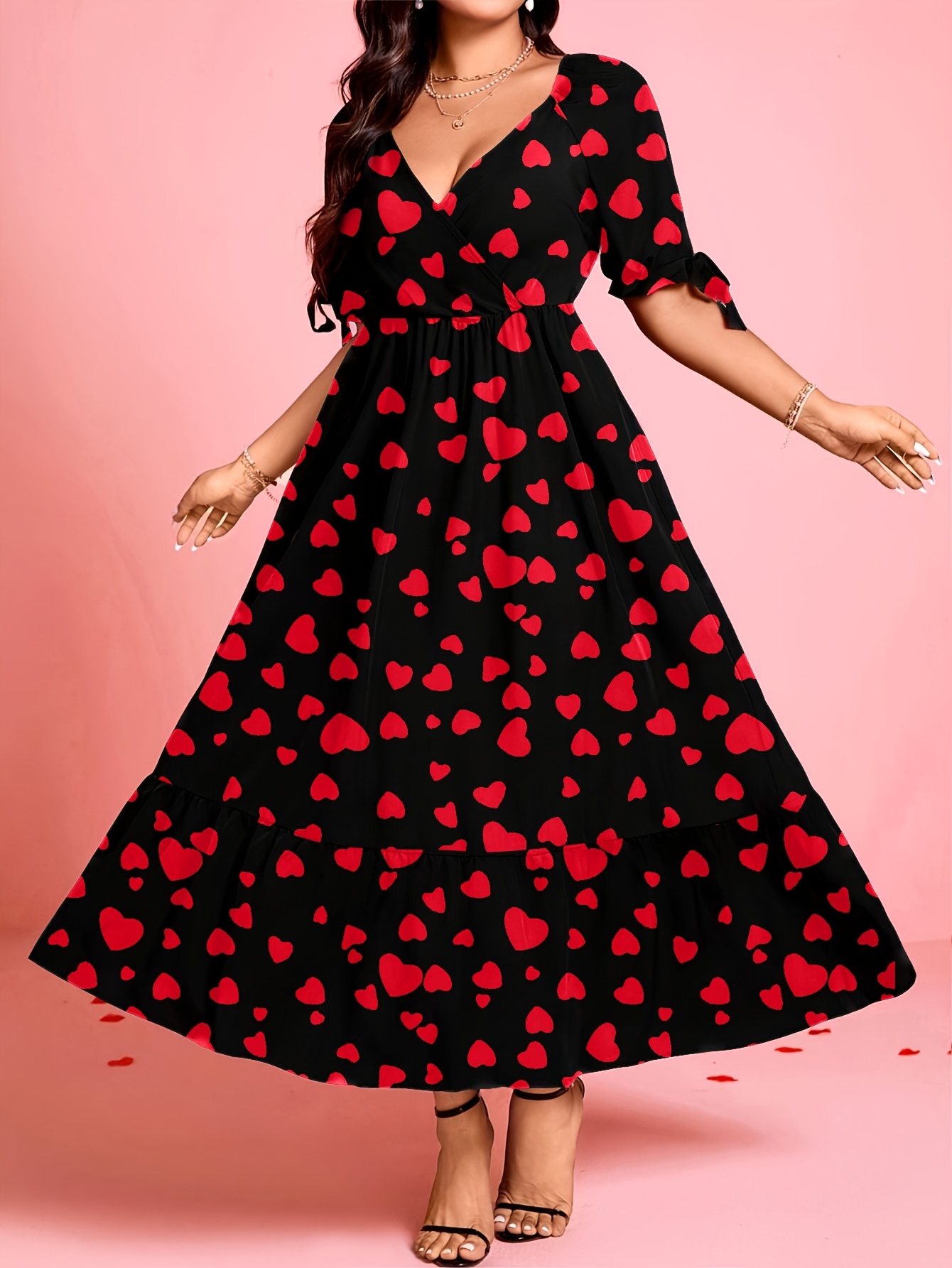 Maxi Dress Black Dress Red Hearts Elegant Black Red Heart Print Maxi Dress  Women V Neck Short Temu