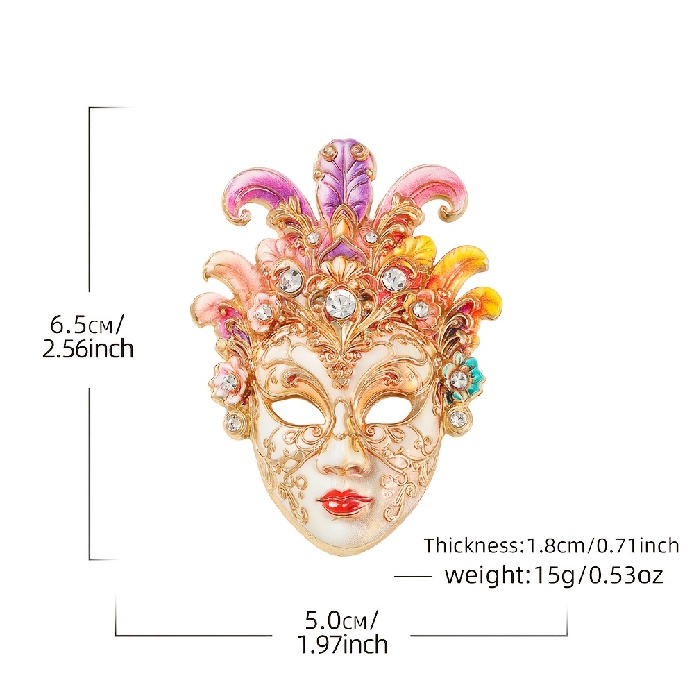 Vintage Venetian Mask Enamel Brooch with Rhinestone Inlay