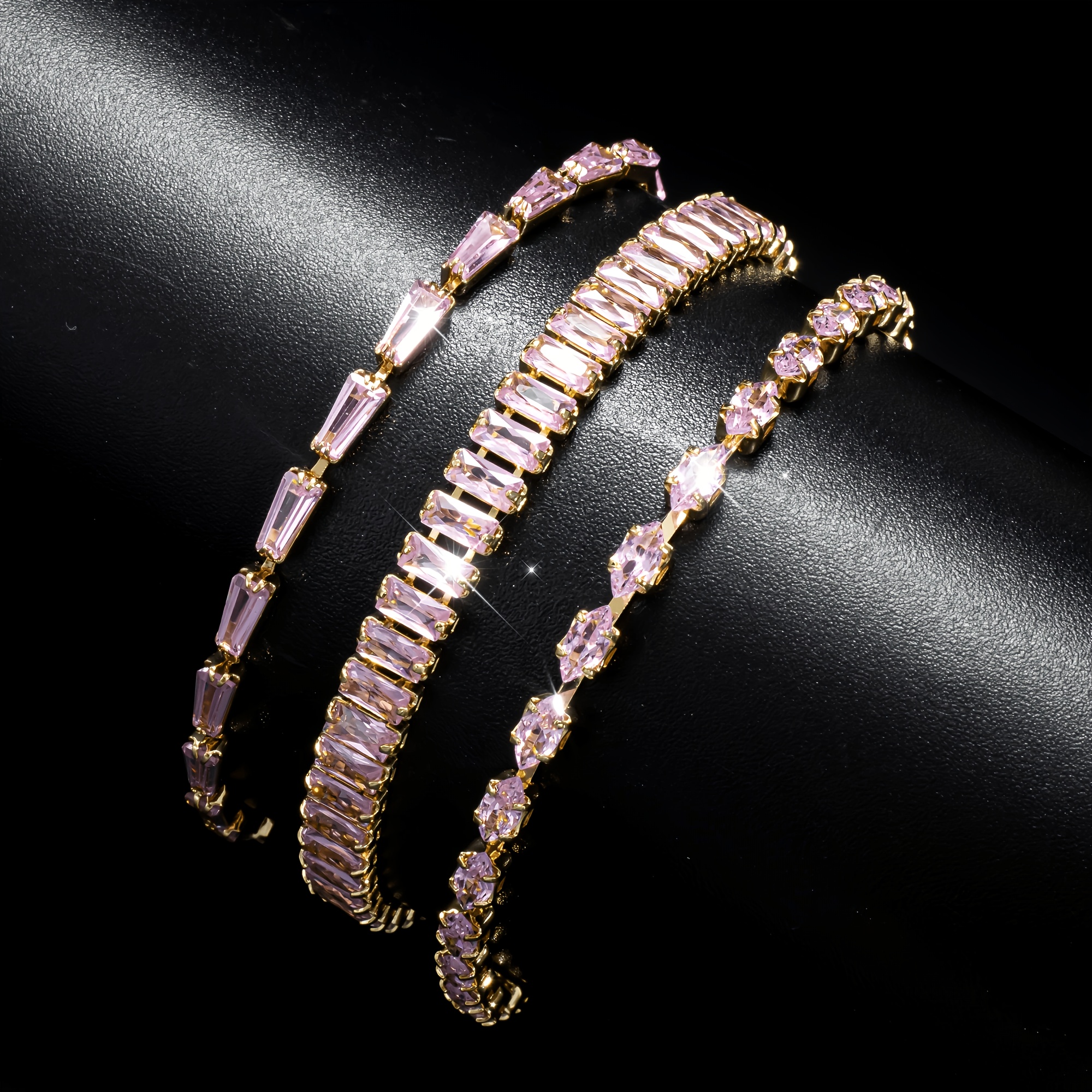 TEMU 3pcs Women's Irregular Tennis Bracelets, Wristbands, Inlaid With Sparkling Pink Synthetic Zirconia, Suitable For Daily Wear, Vacation, Travel,