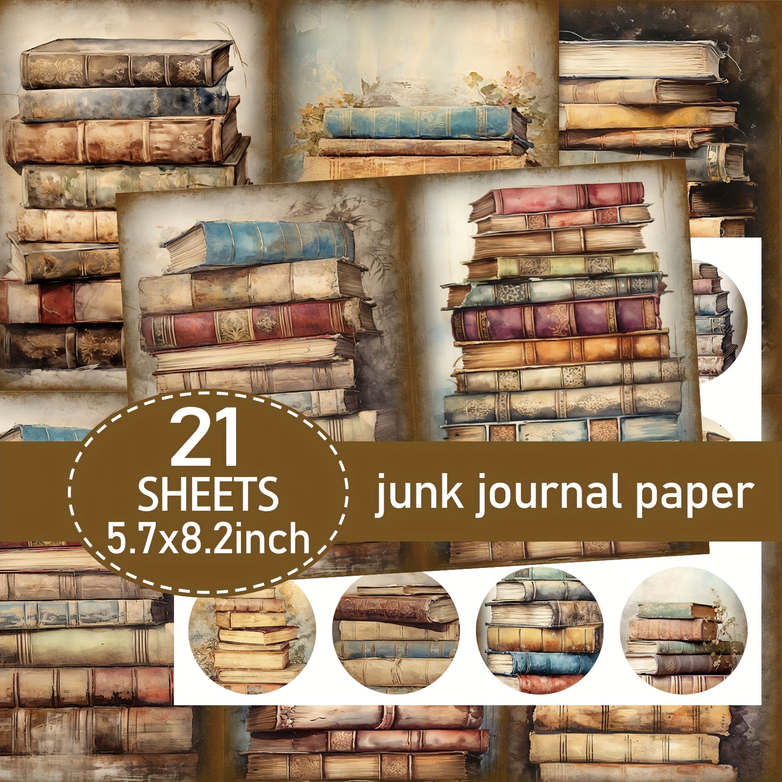 TEMU 21 Sheets (paper + Sticker) A5 Retro Bookpile Style Paper Set, Circus Waste Diary Paper, Handmade Waste Diary And Decorative Paper, Craft Waste