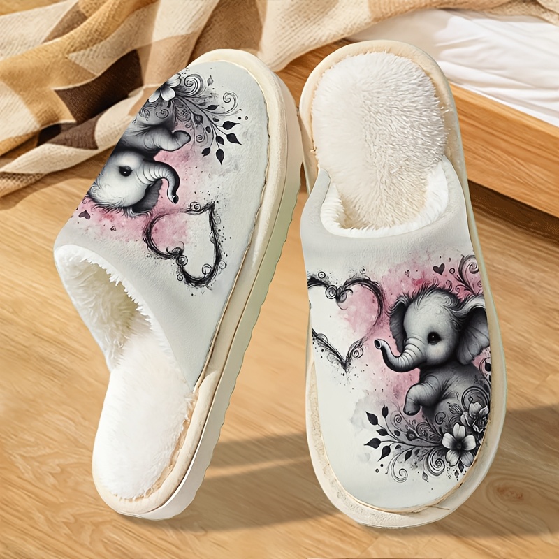 TEMU Men's & Women's Winter Slippers Suitable For Home, Soft Sole Sole & Warm, Cute Elephant Floral Print - Cozy Footwear Gift For, Unisex For,