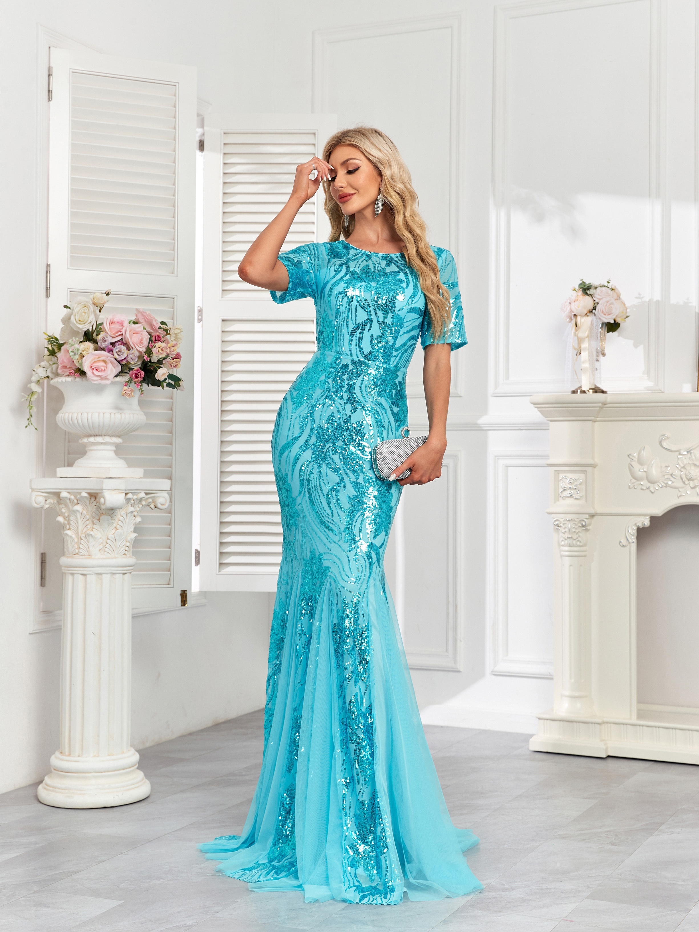 chinese dress ladies Mermaid V Neck Light Blue Beaded Slit Prom Dresses Pic Color / US4