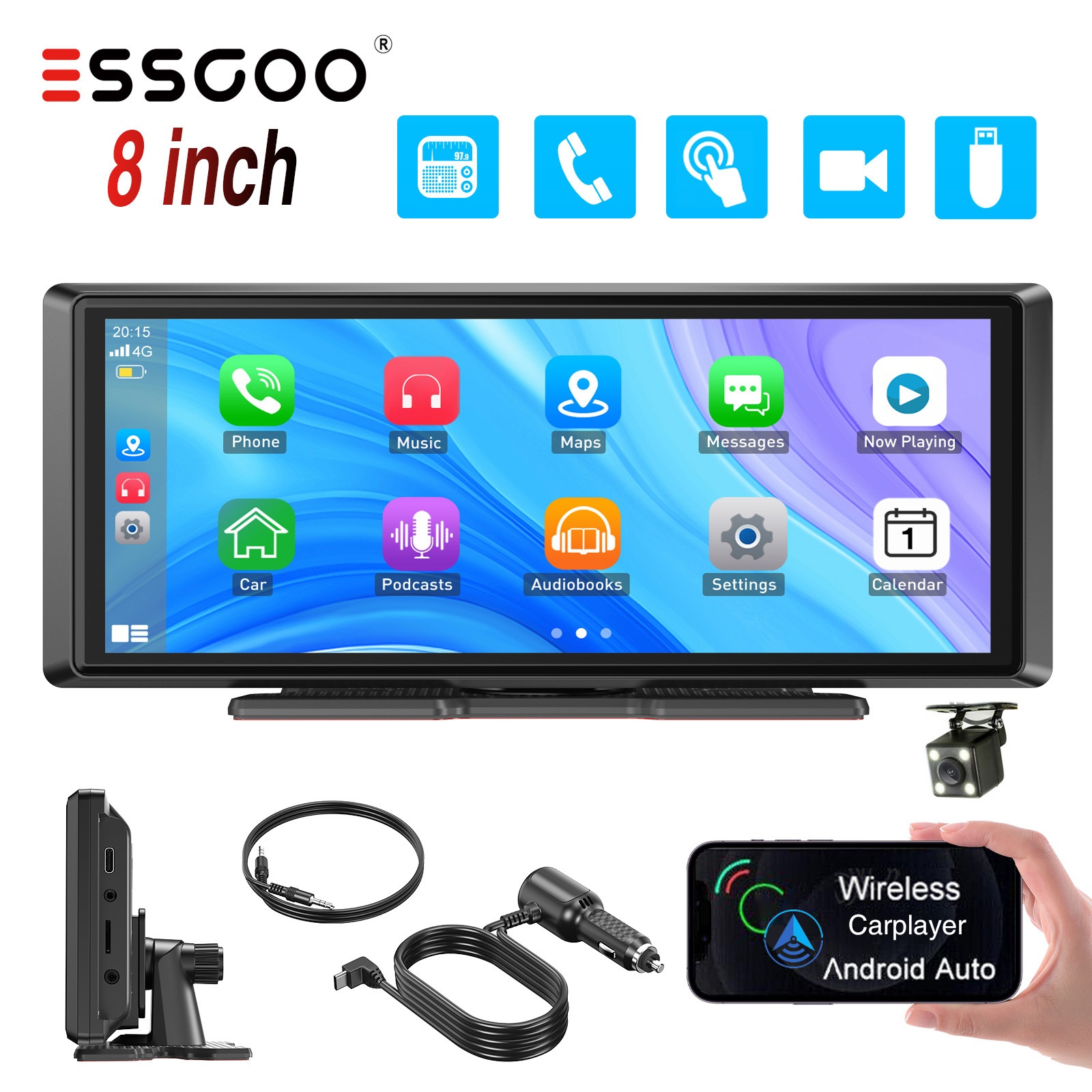 ESSGOO Nadgradite svoj tovornjak kombi 8" Brezžični Carplay & Auto Prenosni IPS Zaslon Stereo Radio FM Oddajnik/Zvočnik Glasovno Upravljanje