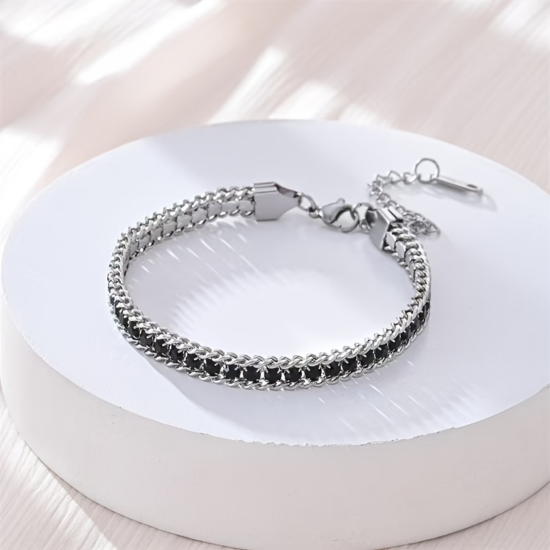 TEMU Bracelet de tennis ajustable en acier inoxydable, bracelet à maillons incrustés de verre brillant, 3 couleurs disponibles, cadeau de bijoux pour