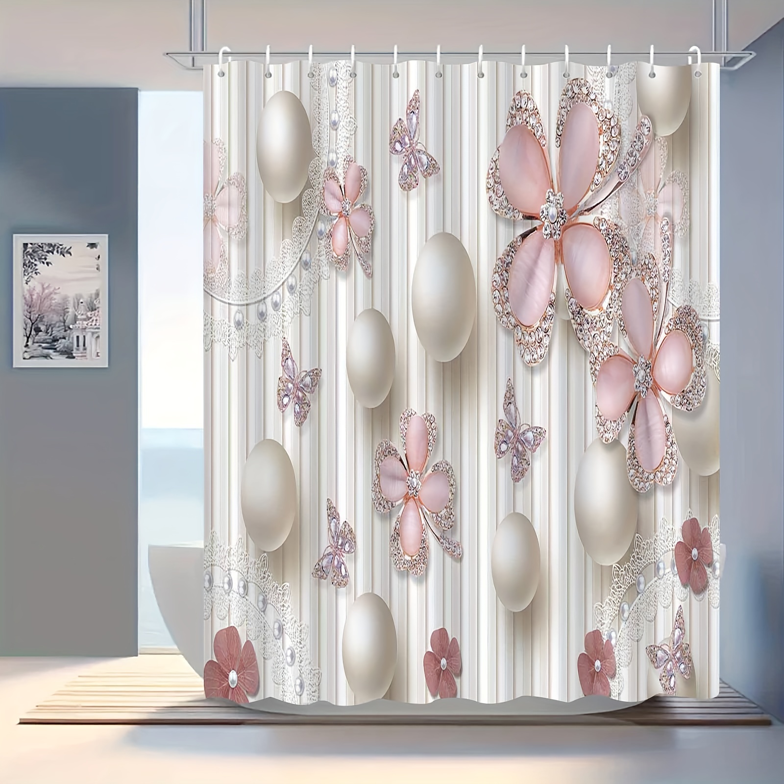 

Elegant -inspired Floral Pearl Shower Curtain - Waterproof & , Includes Hooks, All