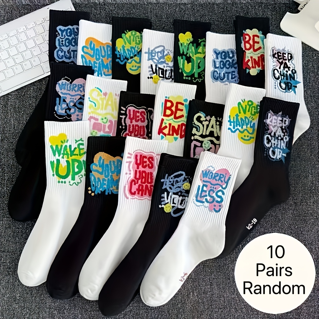 TEMU 10 Pairs Of Colored Black And White Solid Doodle Cute Cartoon-style Sports Casual College Comfortable Daily Versatile Women's Mid-calf Socks