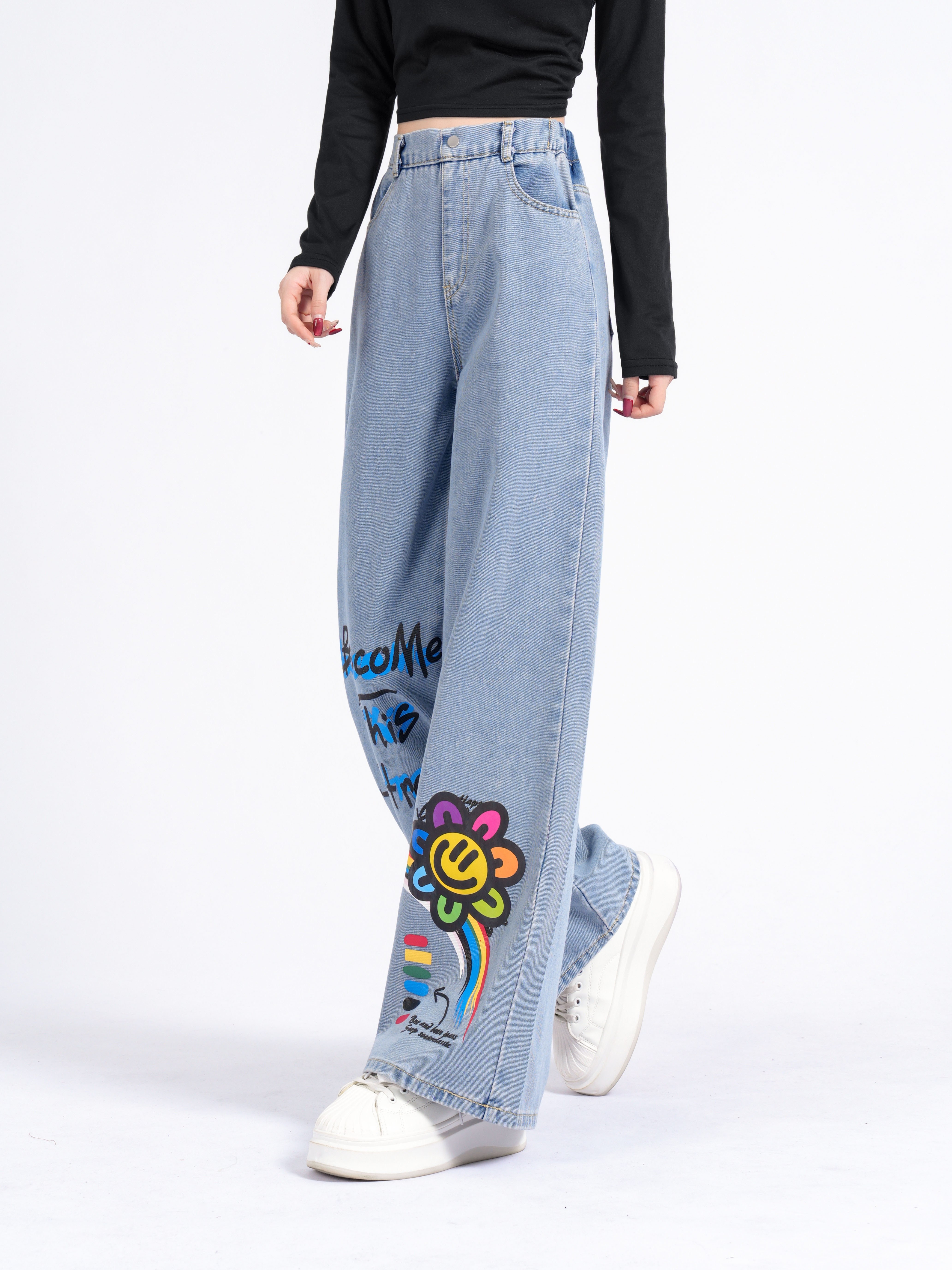 Rainbow Graffiti Design Girls Baggy Jeans, Street Fashion Straight Wide-leg  Denim Pants
