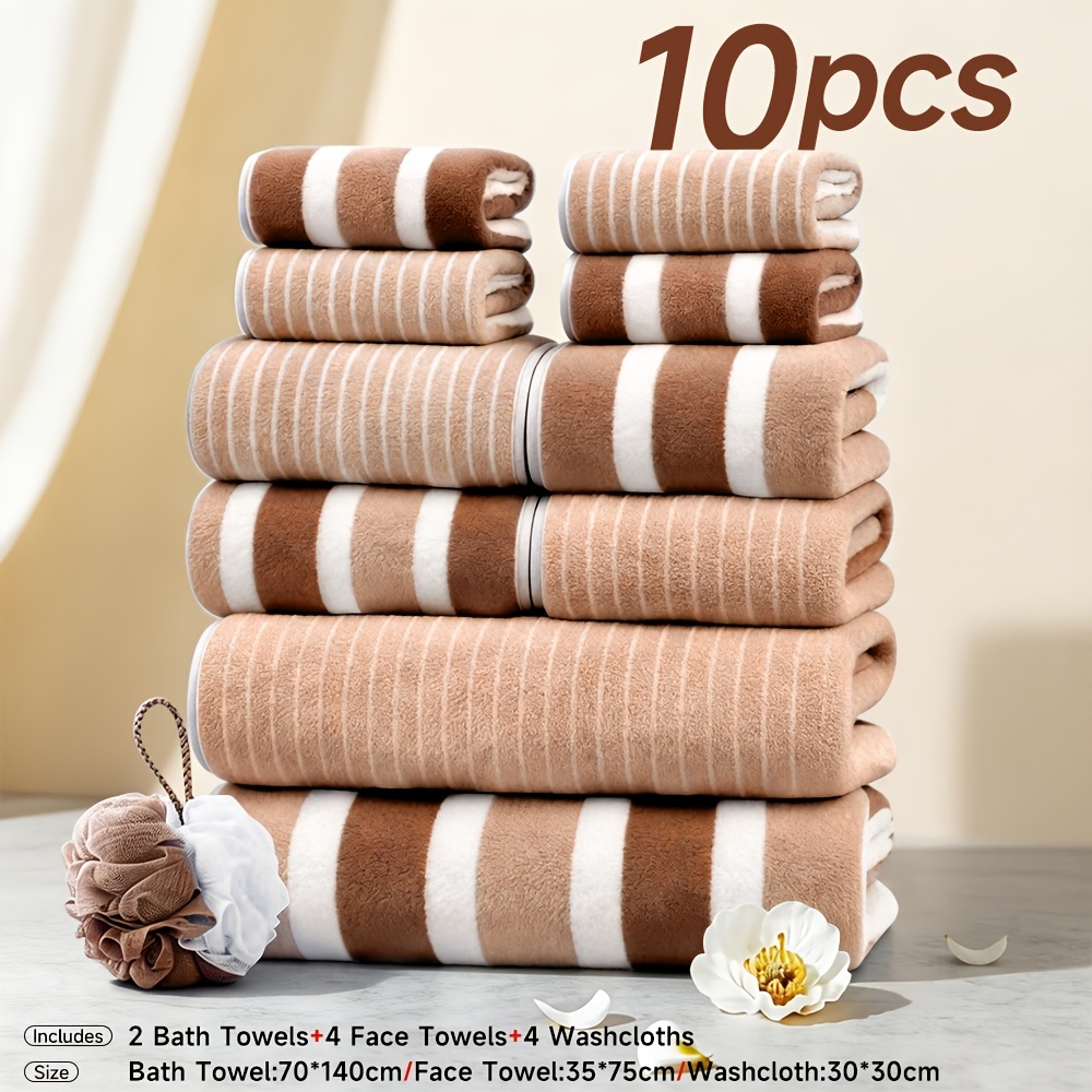 TEMU 10pcs/3pcs/1pc Towel Set, Loss, Super Water Absorption, Microfiber Beach Towels For Adults, Super Soft Hotel Standard Two-color Striped Bath