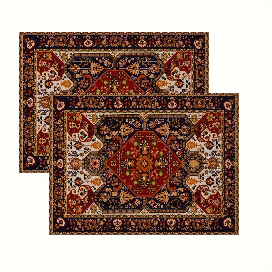Image of 2pcs Vintage Oriental Turkish Carpet Design Linen Placemats 12x18 Inch - Colorful Floral & Geometric Patterns, Ideal For Dining, Parties, Camping & Holiday Decor, Durable 100% Linen, Hand Wash Only