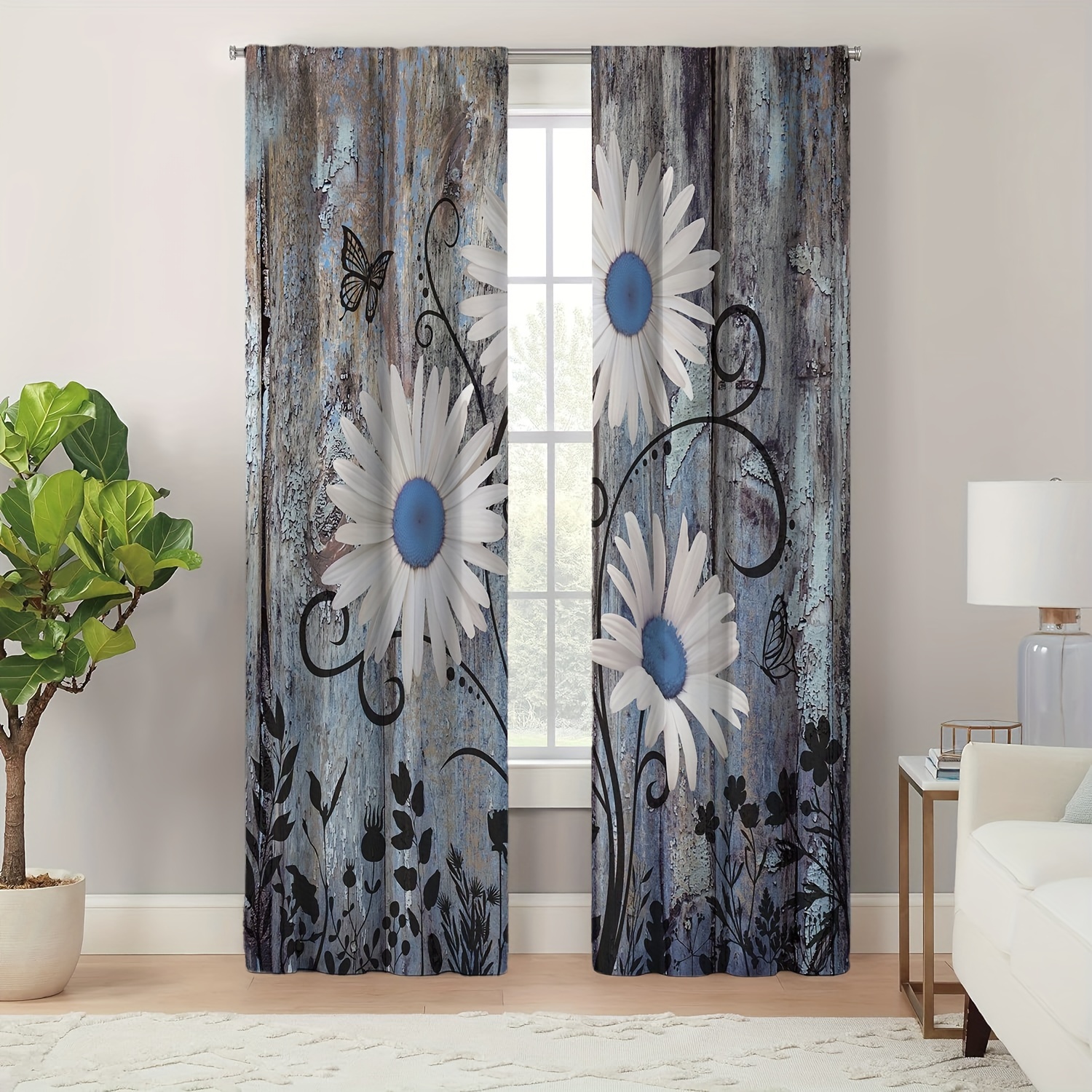 

2pcs/set, Rustic Wooden Panel Flower Art Blackout Curtains, Machine Washable, Artistic Decor For Bedroom & Living Room, Room Decor, Home Decor