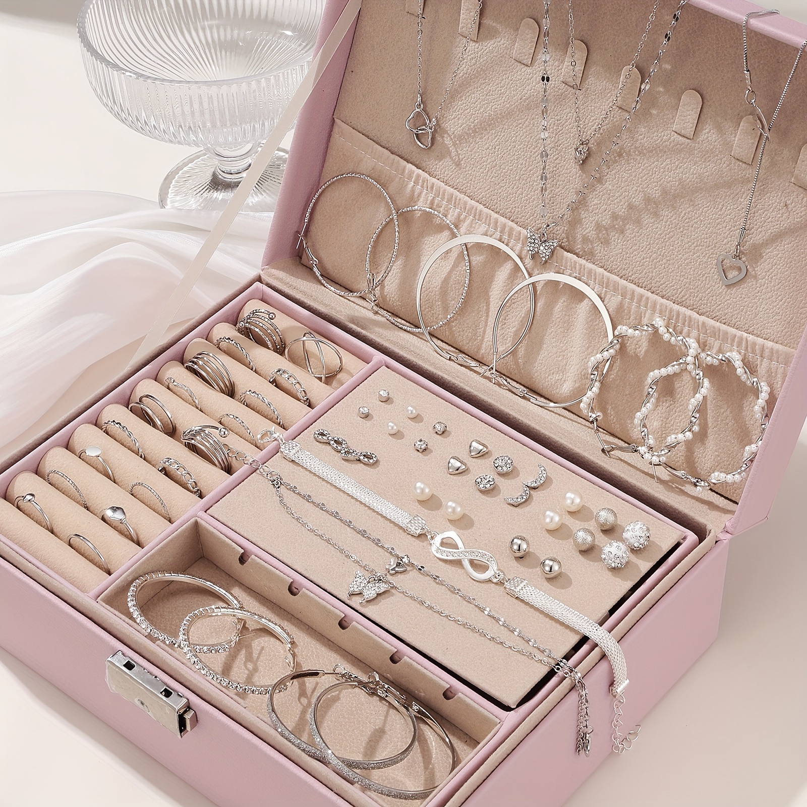 

Elegant 61-piece Ladies Jewelry Set, Versatile Silvery Rhinestone Butterfly Rings, Necklace, Anklet, And Earrings Bundle, Perfect Gift For Ladies (box Not Included), Simple And Chic Style