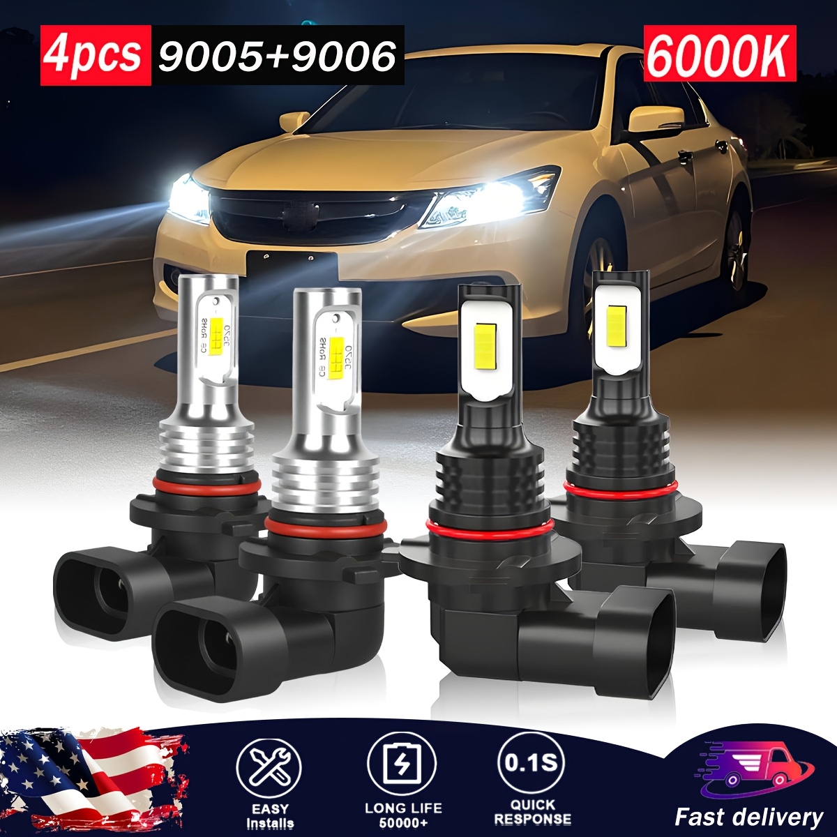 TEMU 4x 9005+9006, Led Headlight Bulbs, 9005/hb3 High Beam+9006/hb4 Low Beam Bulb, Cool White 6000k, Plug And Play, Headlight Bulbs Replacement Parts, Without Battery