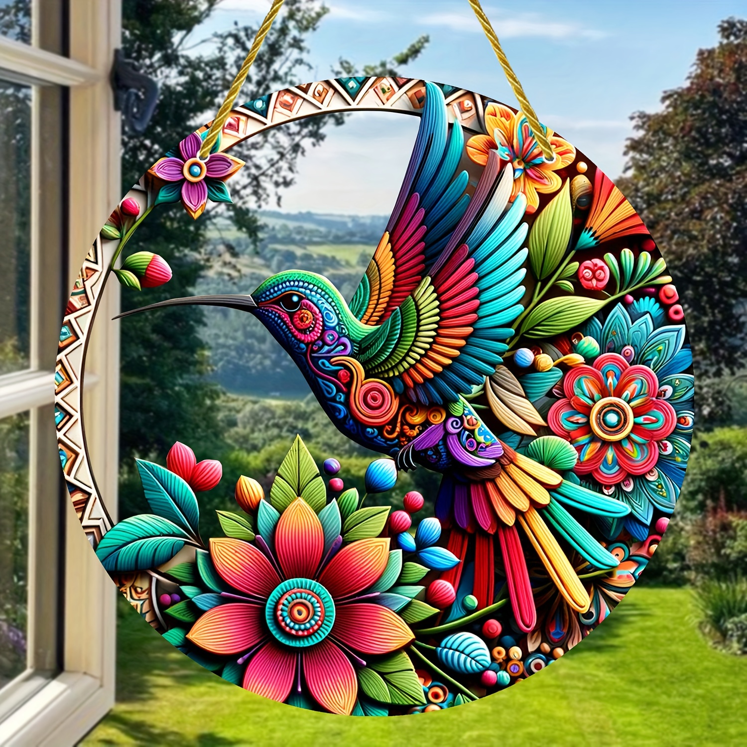 

Bohemian Hummingbird Stained Glass-style Acrylic Window Hanging - 8''x8'' | Colorful Light Catcher & Sunshade | Perfect For Home, Garden, Patio Decor | Unique Gift Idea