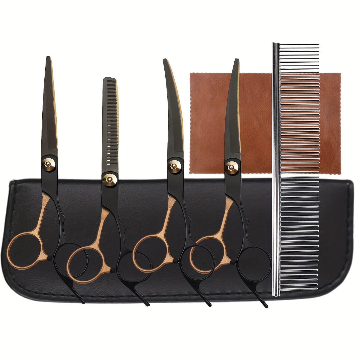 Image of 1 Set Professional Black And Golden Color Stainless Steel Pet Grooming Scissors - Curved Trimming And Clipping Shears For Precise Grooming And Shaping, Ideal For Dogs And Cats, Grooming Scissors Kit