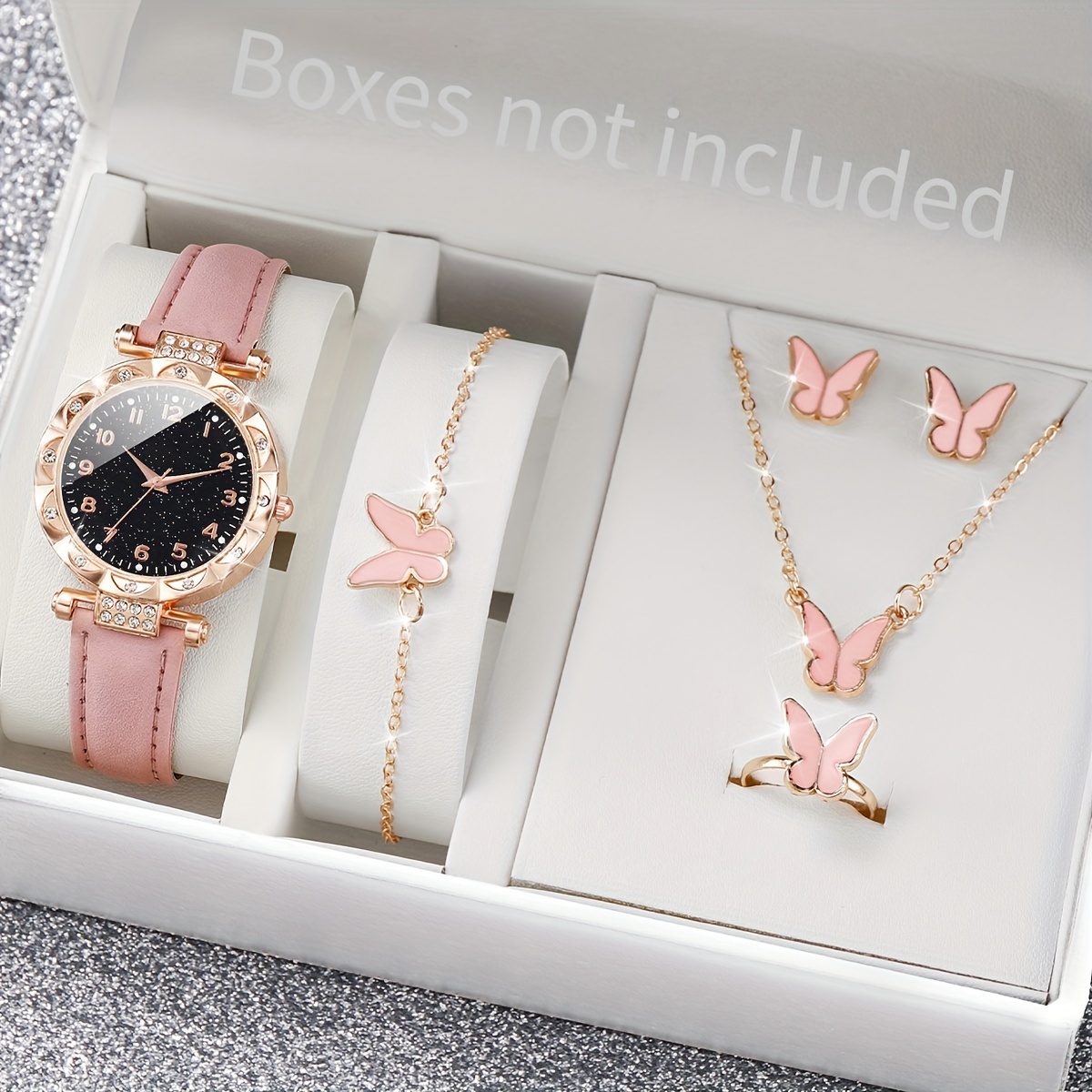 

6pcs/set Women's Shiny Rhinestone Quartz Watch Analog Pu Leather Wrist Watch & Butterfly Jewelry Set, Gift For Mom Her