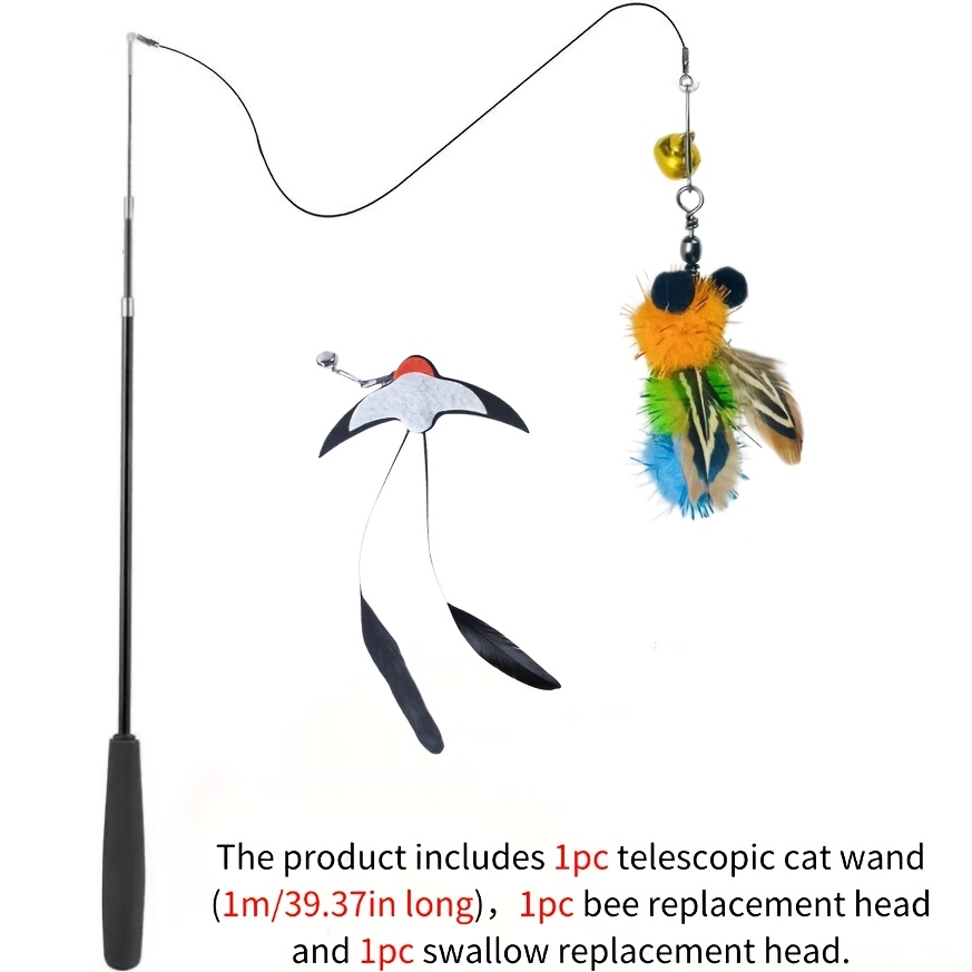 TEMU 1m/ Telescopic Cat Teaser Wand With Interchangeable Realistic Swallow And Bee Heads, Cat Toy Telescopic Rod And Replacement Set, Includes