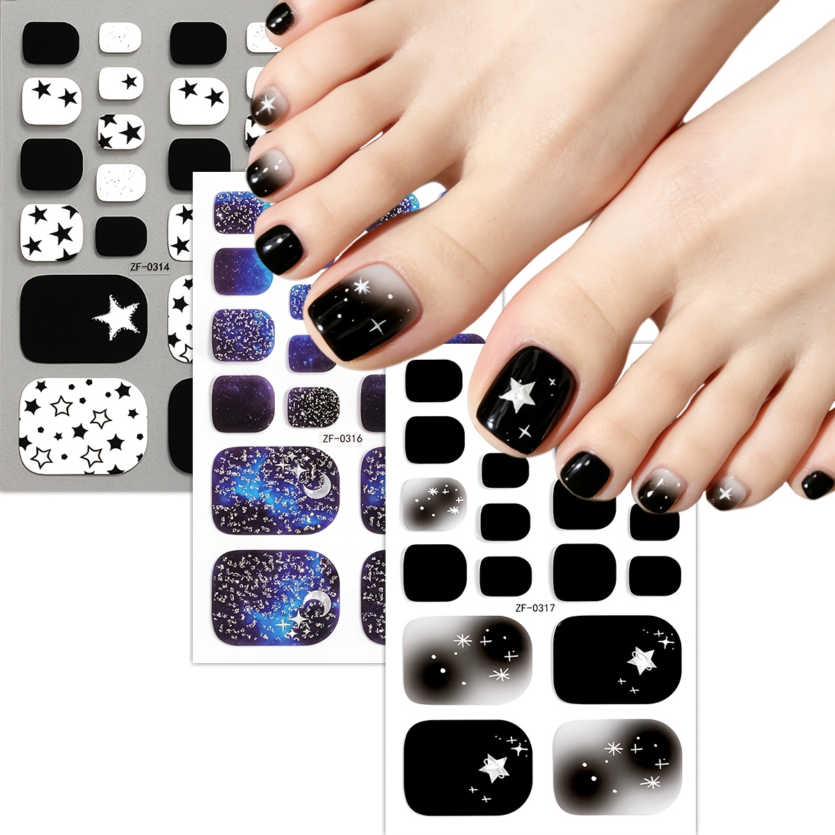 TEMU 3 feuilles de revêtements d'ongles pour les orteils, motif ciel étoile et galaxie, impression d' et blanc, galaxie dégradée bleu violet avec