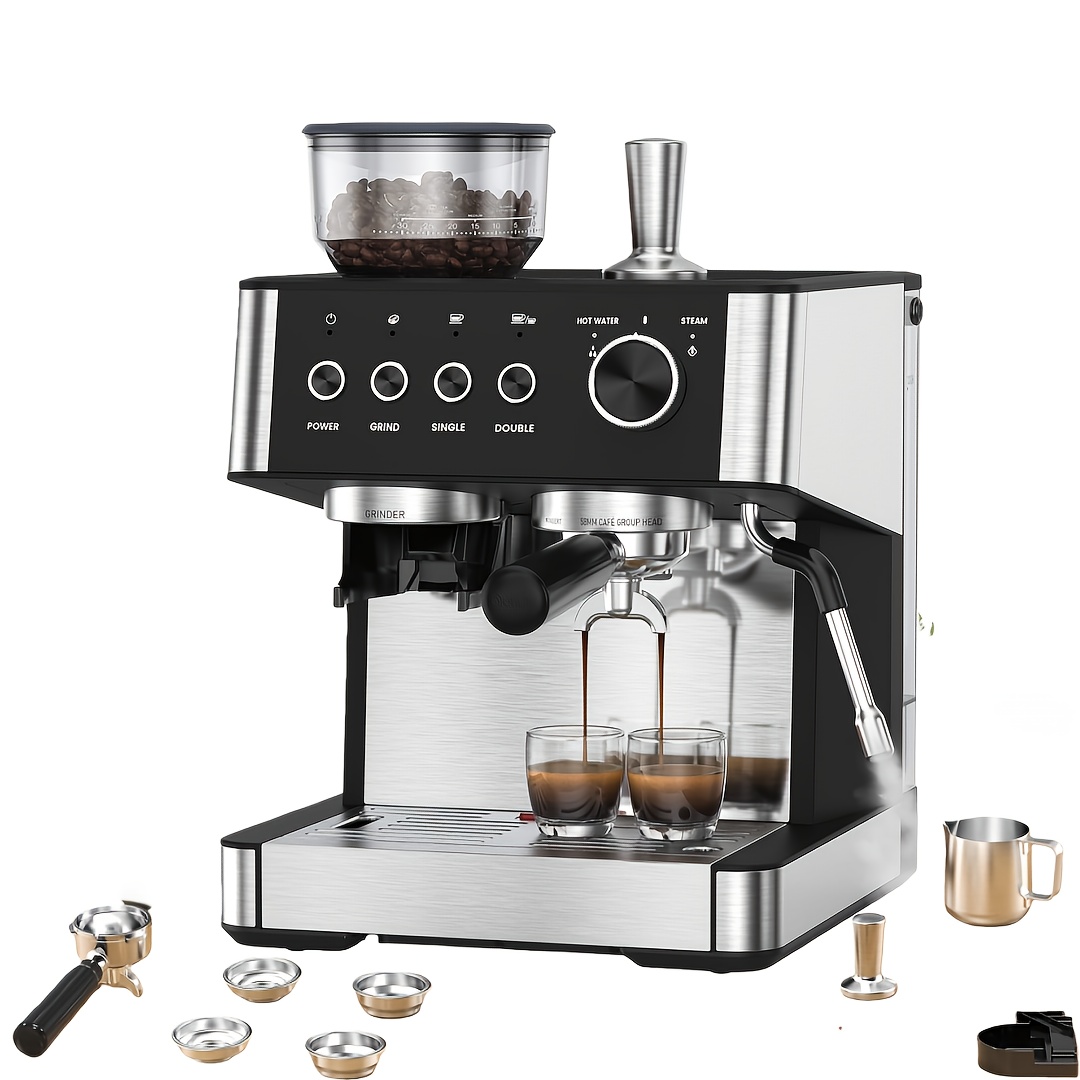 TEMU 15 Machines With Grinder, Professional Espresso Maker With Removable Water Tank, Milk Frother Steam Wand For Latte&cappuccino, Hot Water Function For Home (black)