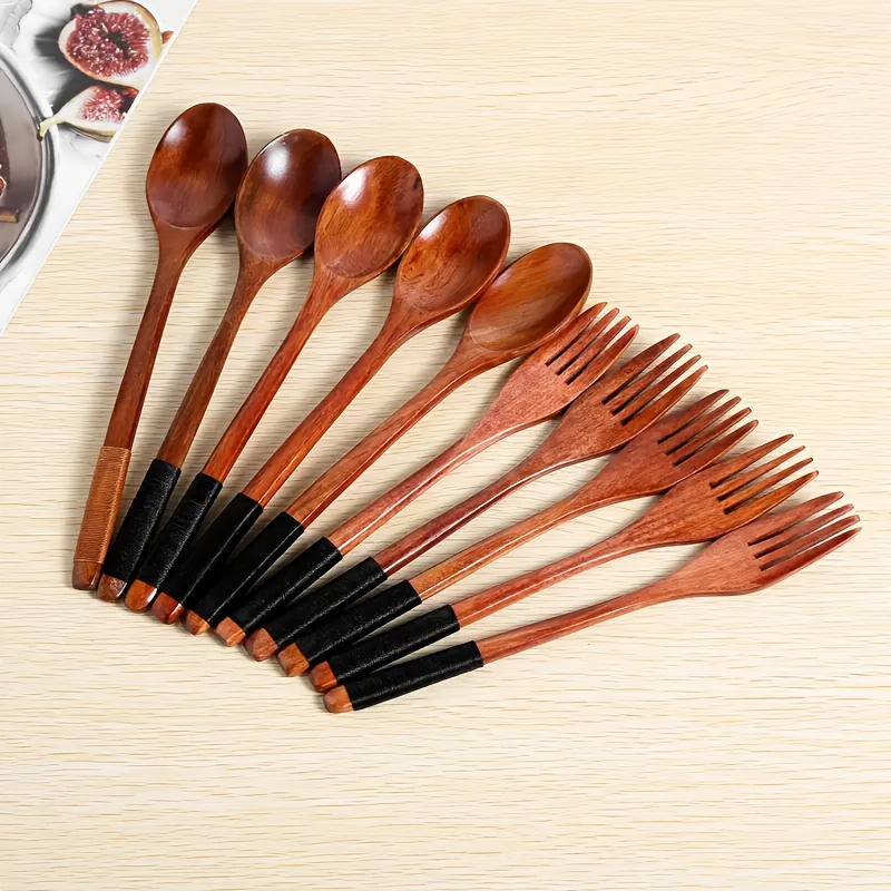 TEMU 10 pièces Cuillères en Bois Rondes Faites Main, Style Tendance avec Fils Enroulés sur Bois de Schima . Idéales comme Cuillères à Café et à Riz