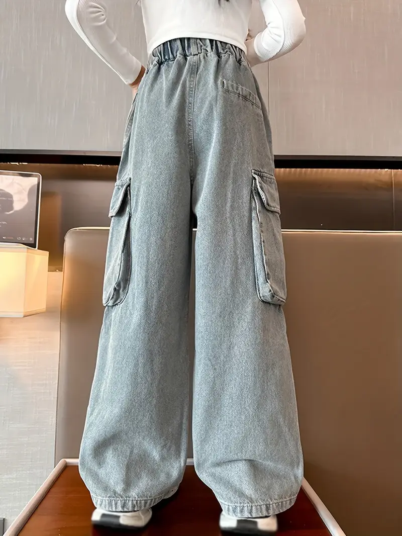Girls Cargo Jeans Streetwear Denim Pants - Elastic High Waist Wide Leg Multiple Pockets Loose Straight Leg Trousers