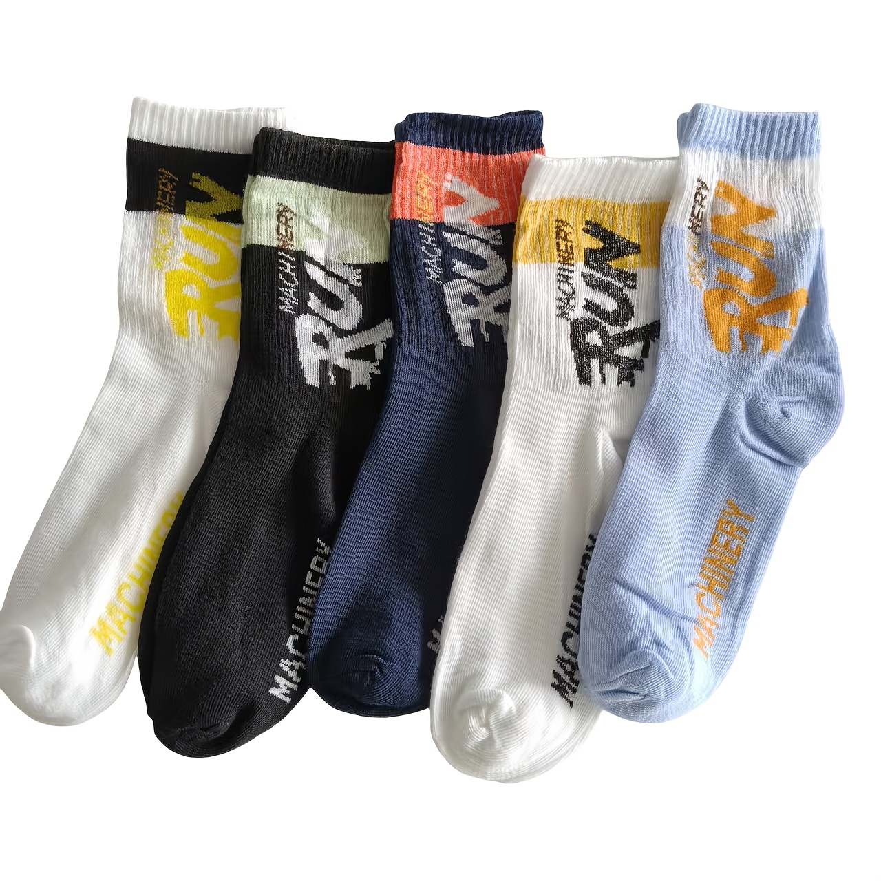 Image of 5-pack Men's Letter Print Athletic Socks, Breathable Moisture-wicking Crew Socks For Summer, Suitable For Daily Wear And Outdoor Sports