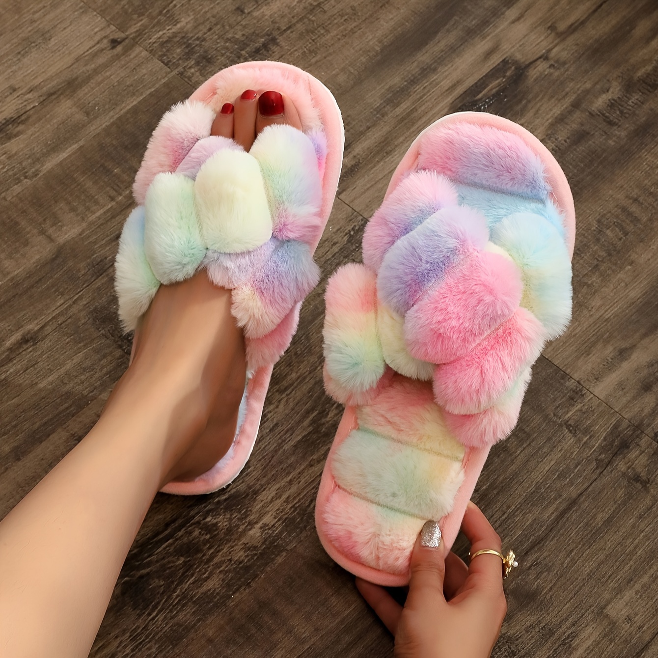 

Women's Tie-dye Slippers - Cozy Bedroom Fuzzy Slides With Plush Fluffy Pom Poms, Open Toe, Non-slip Eva Sole, Indoor House Shoes With Fabric Upper And Insole, Hand Washable