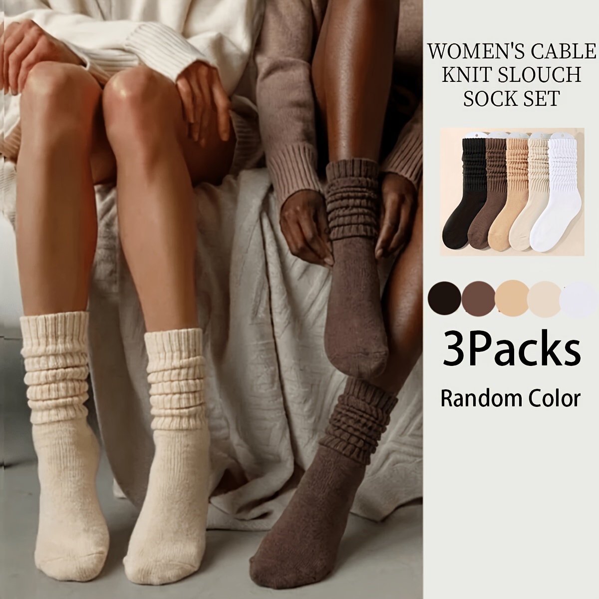 TEMU 3pairs Women's Warm Mid-calf Socks Suitable For At , Thermal Socks With Random Solid Colors, Casual & Dressy For,, Casual Attire - Hand Washable