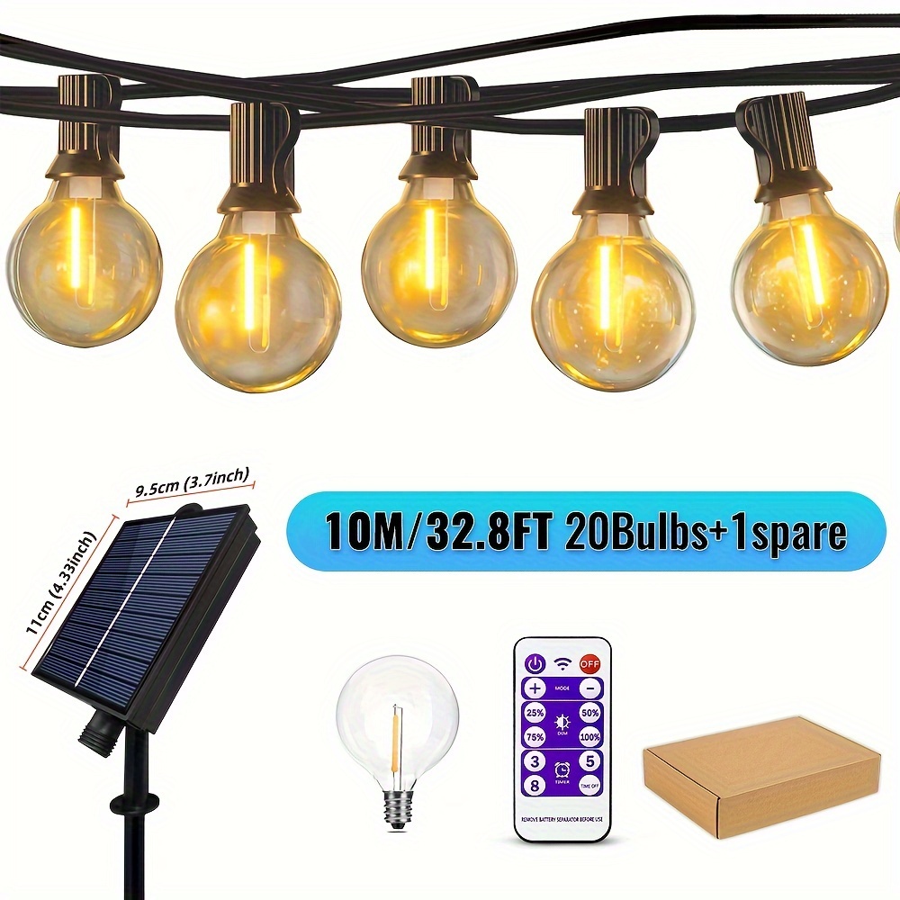 1pc G40 Solar String Outdoor Patio Led Lights With Remote Control, 8 Light , , Warm White Shatterproof Bulbs, Pub Christmas Party Decoration