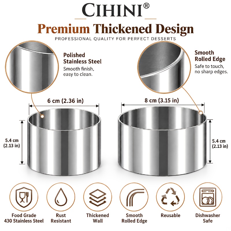 TEMU Cihini 2pcs Thickened And Heightened Stainless Steel Mousse Rings, Sizes: 8cm/3.15inch, 8cm/2.36inch, : 5.4cm/2.1inch, Suitable For Tiramisu,