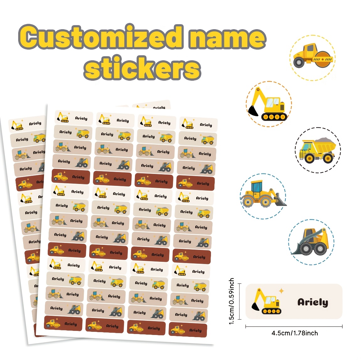 Image of 120pcs Personalized Custom Name/text Stickers, With An Architectural Construction Vehicle Theme. Suitable For Laptops, Mobile Phones, Office And School Supplies, Clothing Labels, Water Bottle Tags