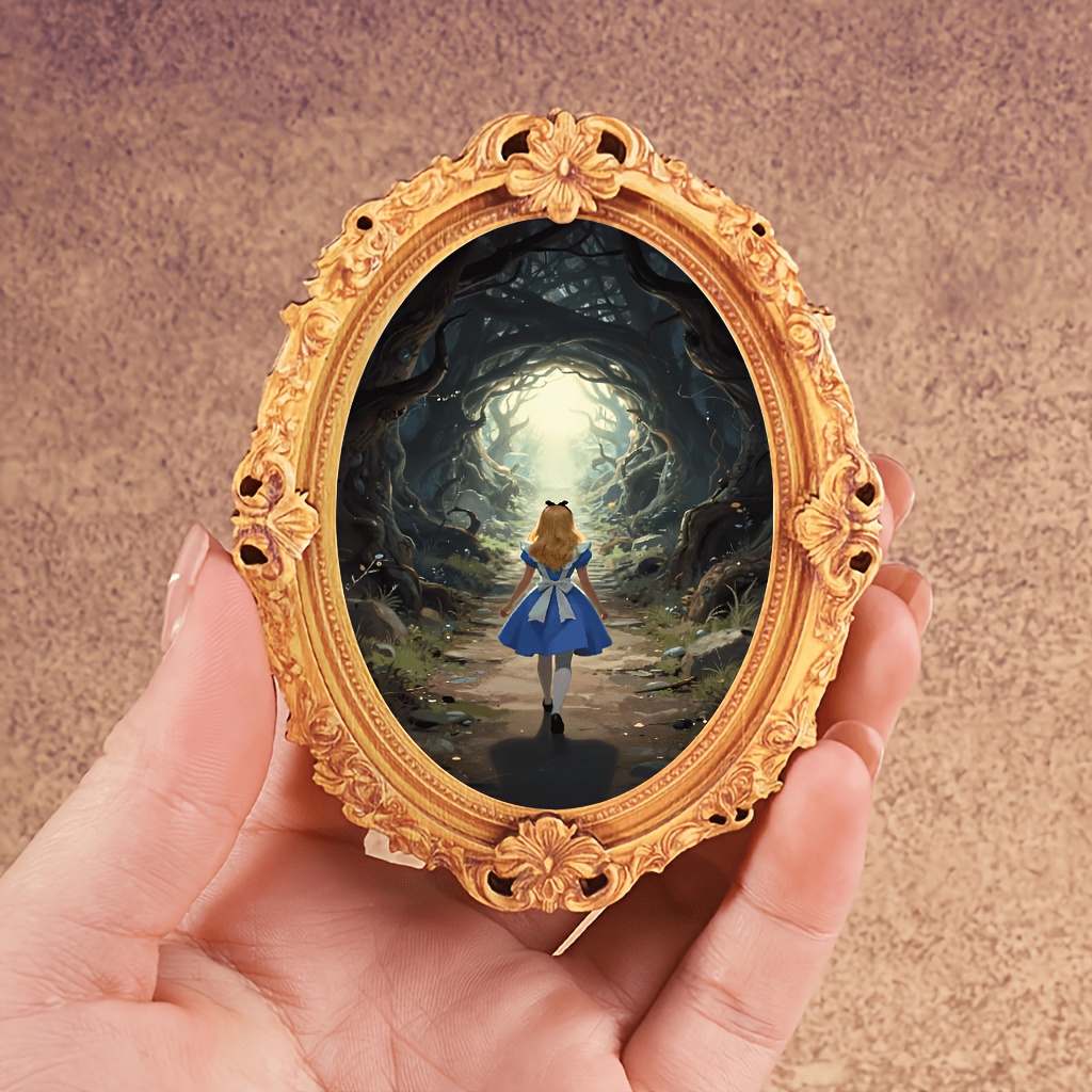 TEMU Ornate Oval Carved Wooden Frame Alice Walking Into Fantasy Forest Fridge Magnet, Whimsical Tale Art Magnet, Magical Themed Kitchen Locker