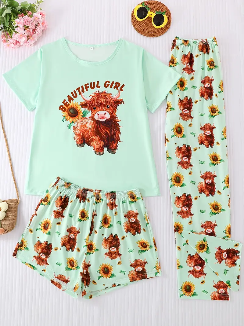 round neck three piece light green floral cow letter print adult pajama set short sleeve top and loose elastic shorts with long pants casual womens sleepwear and loungewear outfit wearable all year round Product details 0