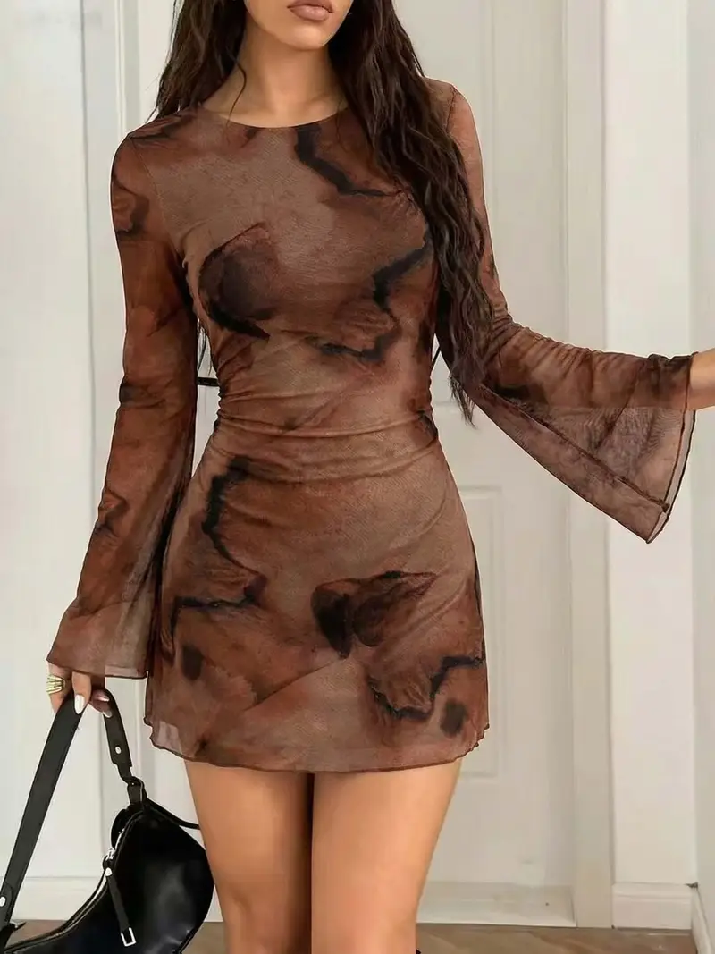 y2k long sleeve mini dress Women Long Sleeve Mini Dress Boat Neck Mesh Bell Sleeve Self Tie Back Sheer Backless Bodycon Y2k Short L