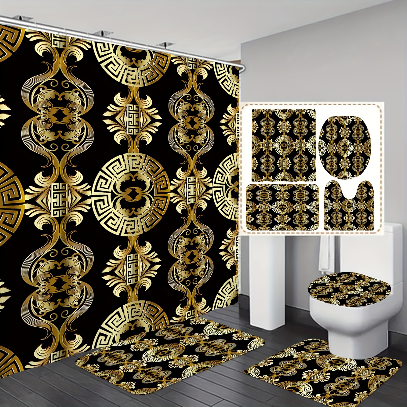 

1/3/4pcs Vintage Gold Pattern Bathroom Set, Including 1 Fabric Shower Curtain (70.8x70.8 Inches) And 2/3 Toilet Mat/rug Covers, Elegant European Style, Waterproof, With 12 Free Hooks For Home Decor