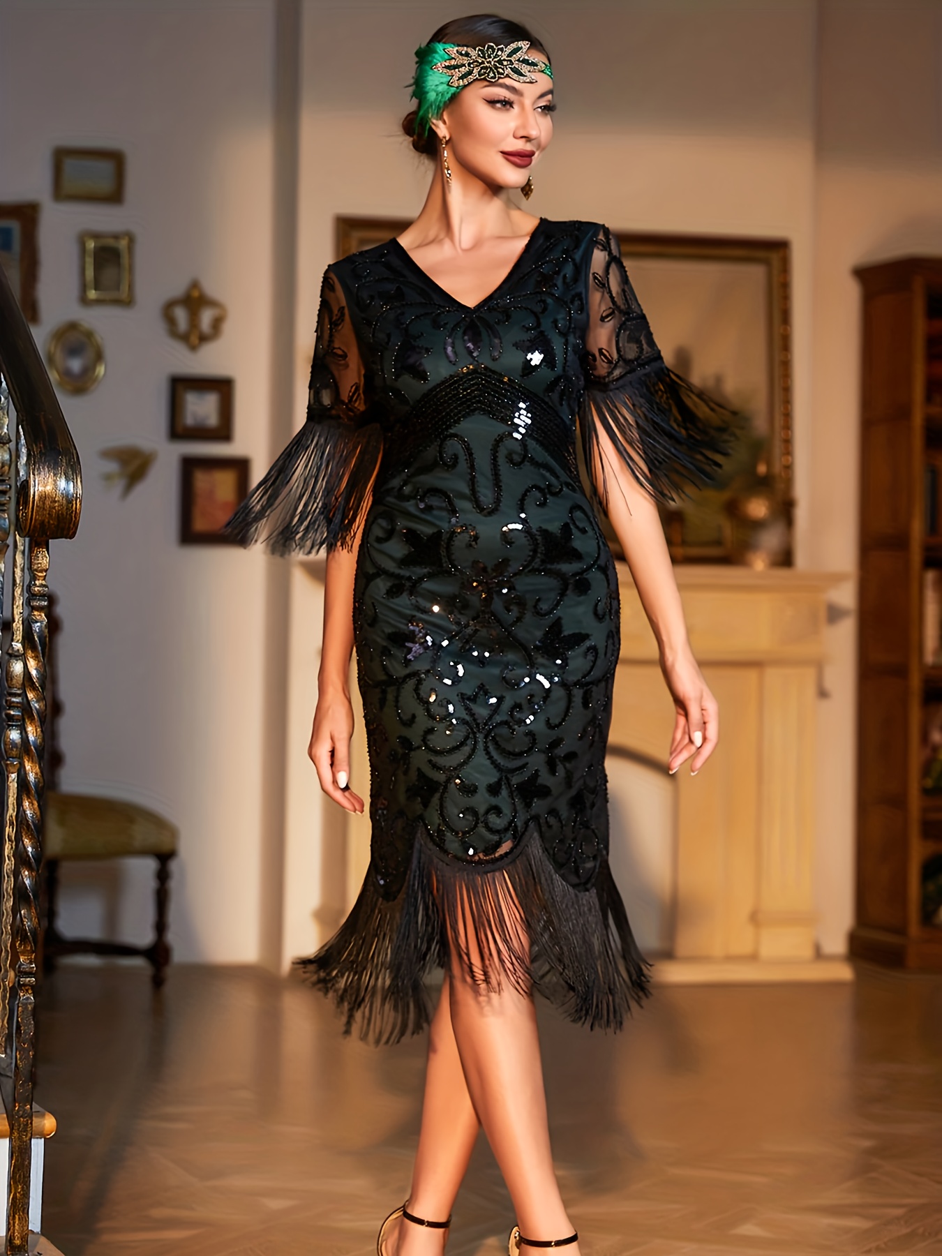 1920s Vintage Sequin * Party Dress, Fringe Evening Ball Short Sleeve Dress,  V-Neck Sequin Beaded Cocktail Gown for Music Festivals, Holidays, Back-to,  Graduation, Parties, Afternoon Tea, Dates * Prom ...