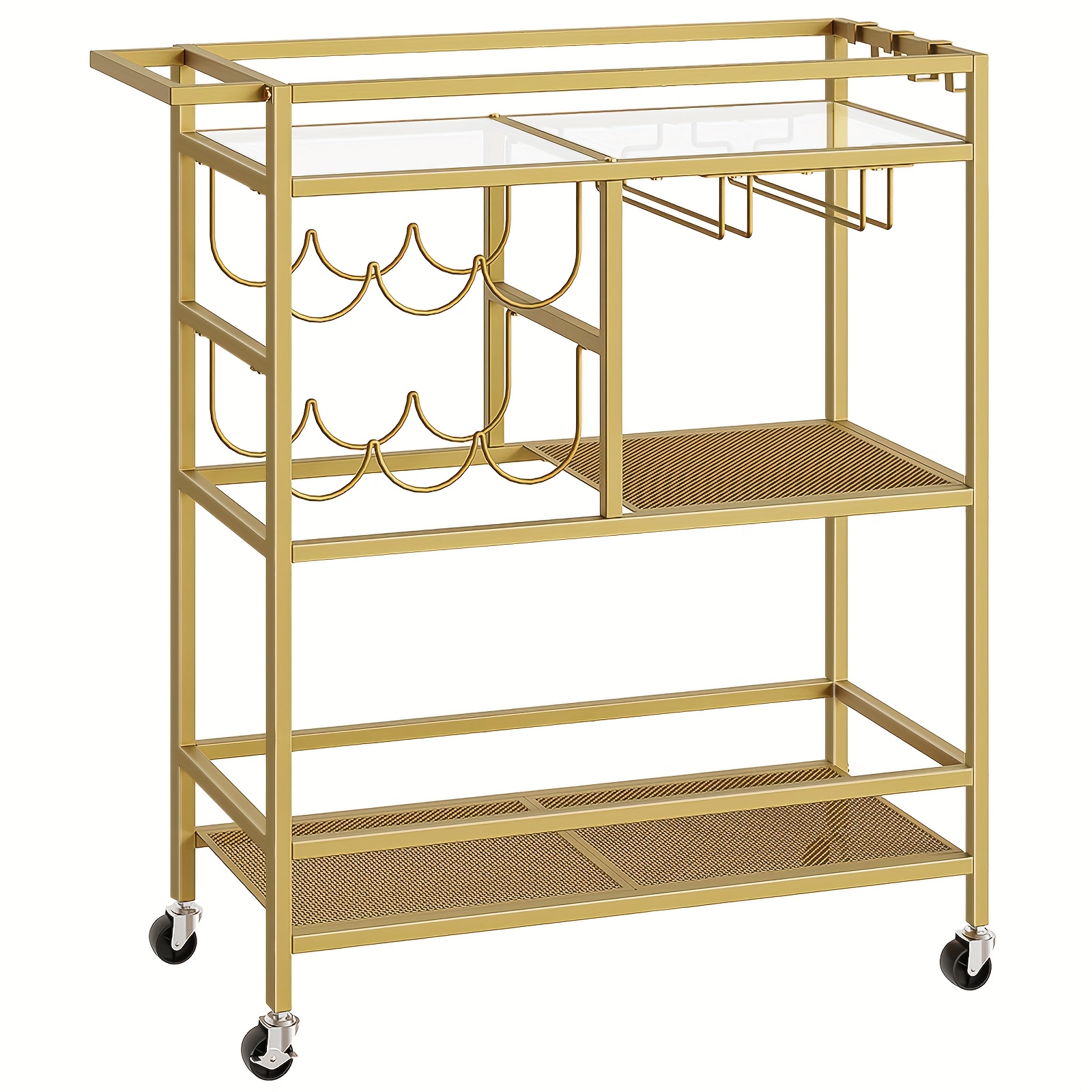 TEMU Three-tiered Mobile Serving Cart In Golden For Kitchen And Dining, Featuring A Wine Rack And Cup Holders, Ideal For Home And Restaurant Use