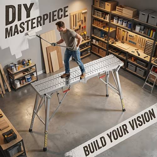 portable foldable workbench with adjustable height wide base heavy duty foldable table suitable for home renovation rv cleaning window washing outdoor use sturdy metal frame with railing for compact storage gift