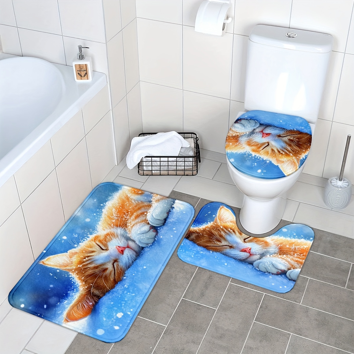 TEMU Cat 3pcs Bathroom Mat Set, Non-slip And Washable Floor Carpet For Kitchen, Bathroom, And Bedroom Decoration, Includes Bath Mat, Contour Mat, And