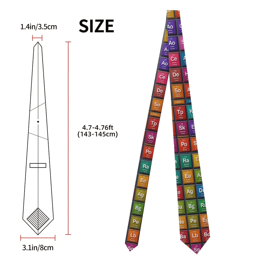 TEMU 1pc Fit Abstract Periodic Table Tie - 8cm Wide Polyester, Machine Washable & Easy Clean, Vibrant Science-themed Design For Conferences, ,