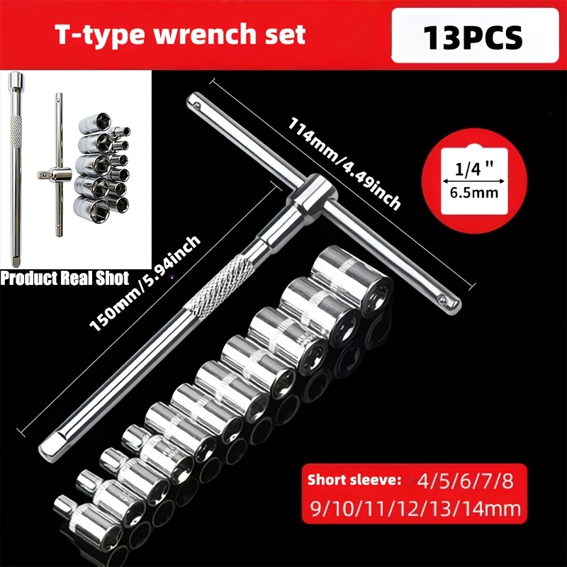 TEMU 13pcs Set Of T-shaped Socket Wrench, Replaceable , With Extension Rod, Portable Disassembly Tool, 1/4 Inch Screw Head, Socket Wrench Set