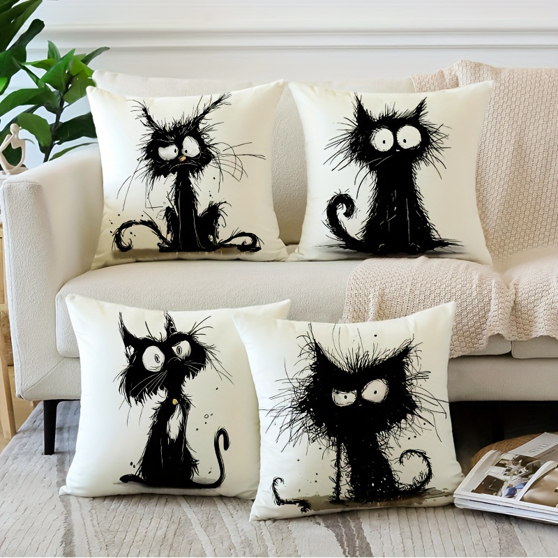 

4pcs Vintage Cat Print Throw Pillow Covers, 18x18inch Polyester Cushion Cases, Zippered Decorative Pillowcases For Home, Farmhouse Style, Machine Washable, Multiple Room Compatibility, Woven Fabric